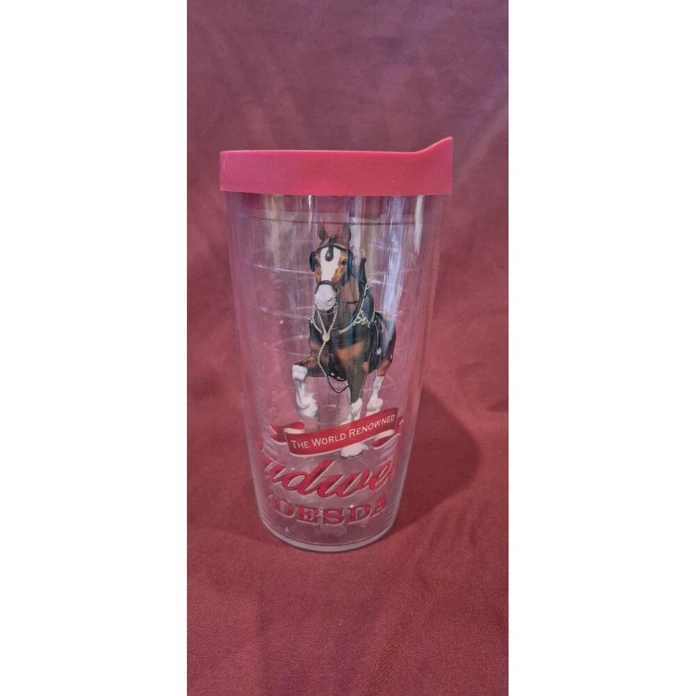 VTG Tervis Tumbler Budweiser Clydesdales 16oz Travel Cup Mug Red Lid Beer EUC